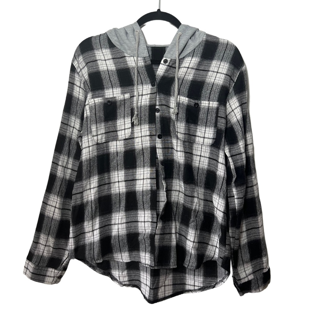 SHEIN Gray Plaid Button Down Hooded Shirt | XL